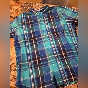 Chaps Blue Teal Plaid Button-Down Shirt